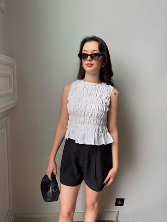 Ekru Drapeli Kolsuz Keten Bluz