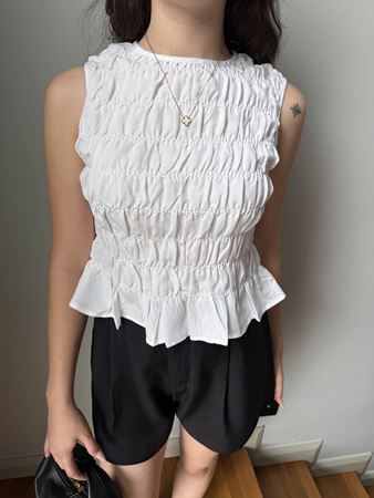 Ekru Drapeli Kolsuz Keten Bluz