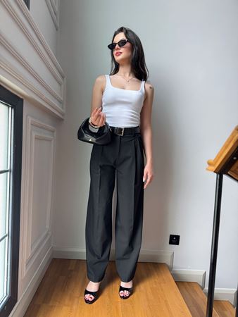 Siyah Kendinden Kemerli Çift Pileli Palazzo Pantolon