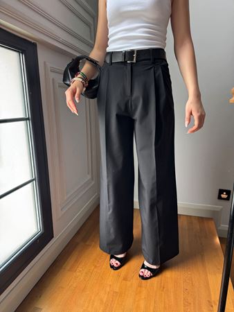 Siyah Kendinden Kemerli Çift Pileli Palazzo Pantolon