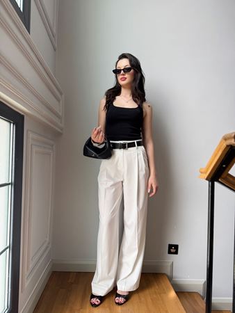 Beyaz Kendinden Kemerli Çift Pileli Palazzo Pantolon