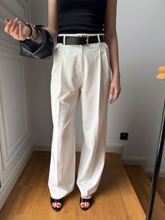 Beyaz Kendinden Kemerli Çift Pileli Palazzo Pantolon