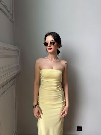 Sarı Straplez Midi Elbise