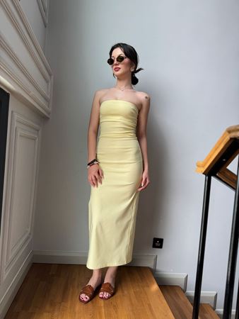 Sarı Straplez Midi Elbise