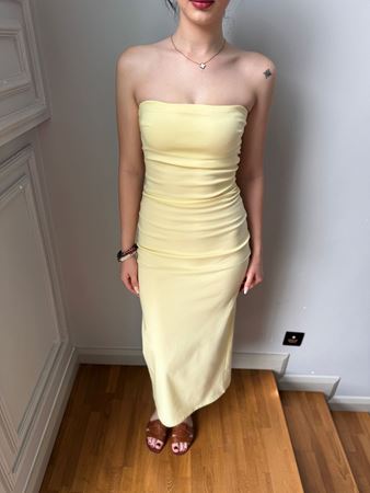 Sarı Straplez Midi Elbise