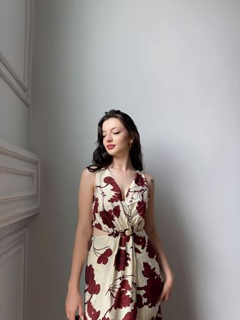 Bej Bordo Desenli Pencere Detay Elbise