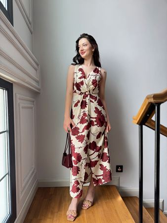 Bej Bordo Desenli Pencere Detay Elbise