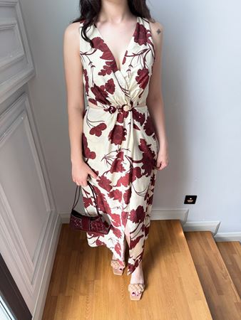 Bej Bordo Desenli Pencere Detay Elbise