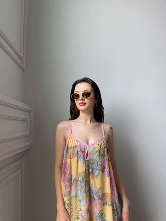 Sarı Desenli İp Askılı Şifon Maxi Elbise