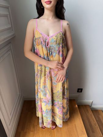 Sarı Desenli İp Askılı Şifon Maxi Elbise