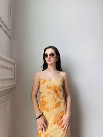 Sarı Çiçekli İnce Askılı Şifon Elbise