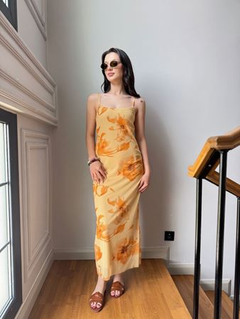 Sarı Çiçekli İnce Askılı Şifon Elbise