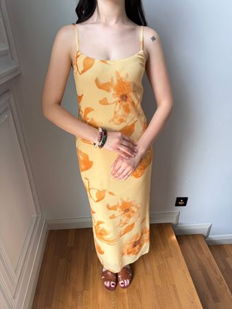 Sarı Çiçekli İnce Askılı Şifon Elbise