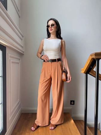 Kiremit Kendinden Kemerli Çift Pileli Palazzo Pantolon