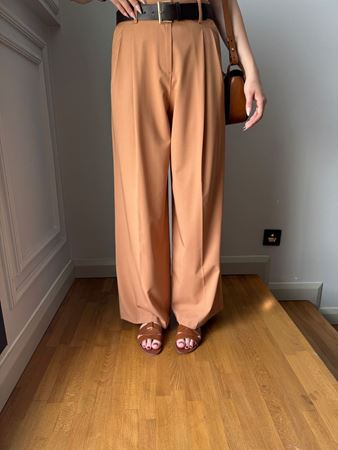 Kiremit Kendinden Kemerli Çift Pileli Palazzo Pantolon