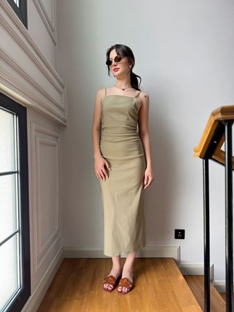 Haki İnce Askılı Büzgülü Midi Elbise