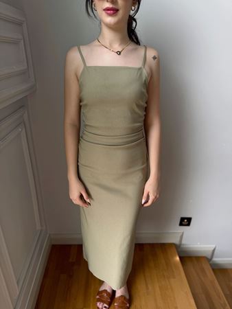 Haki İnce Askılı Büzgülü Midi Elbise