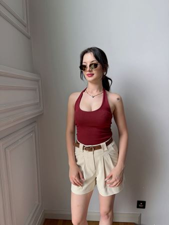 Bordo Boyundan Geçmeli Sırt Dekolteli Bluz