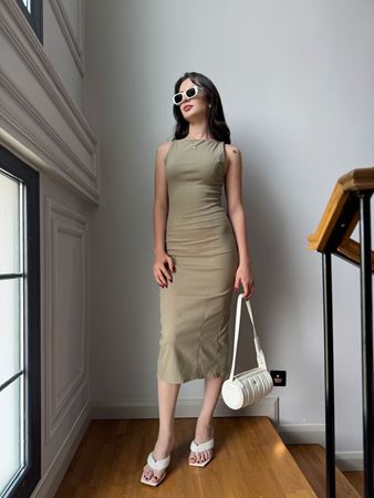 Haki Sıfır Kol Likralı Midi Elbise