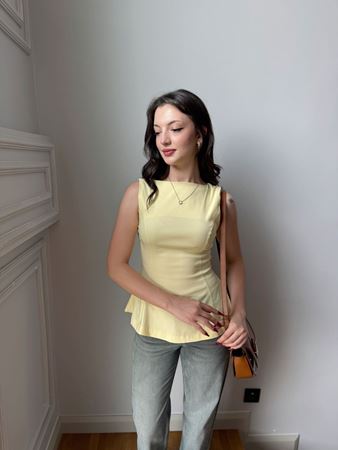 Sarı Sıfır Kol Peplum Bluz