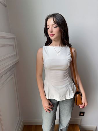 Ekru Sıfır Kol Peplum Bluz
