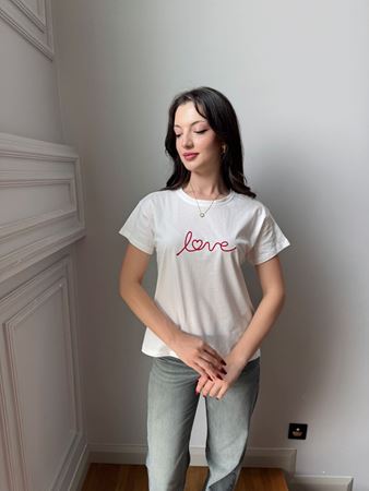 Ekru Love Nakışlı T-Shirt