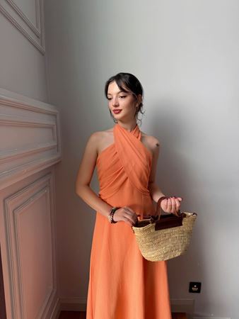 Turuncu Boyundan Bağlamalı Çan Elbise