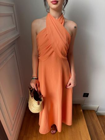 Turuncu Boyundan Bağlamalı Çan Elbise