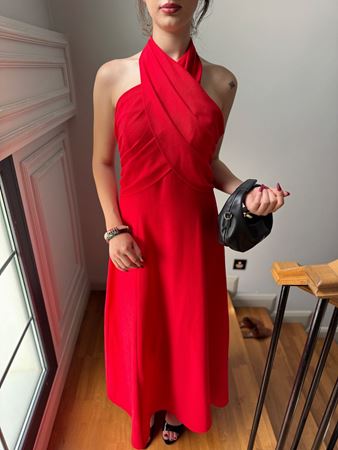 Kırmızı Boyundan Bağlamalı Çan Elbise 