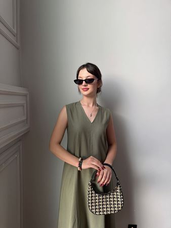 MD Haki V Yaka Keten Elbise