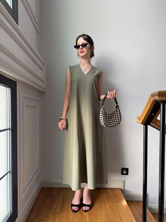 MD Haki V Yaka Keten Elbise