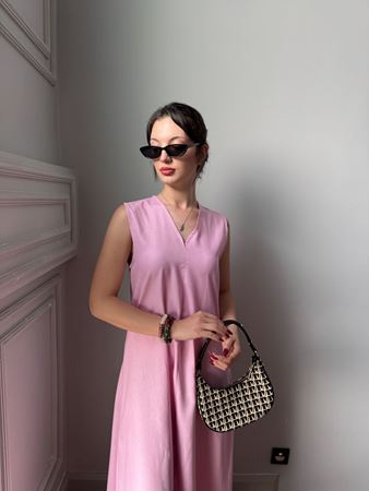 MD Pembe V Yaka Keten Elbise