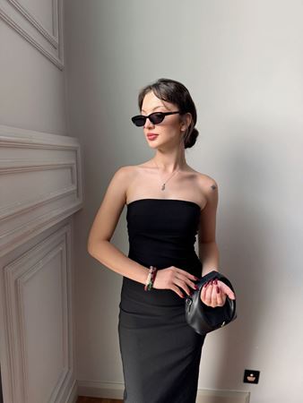 Siyah Straplez Midi Elbise