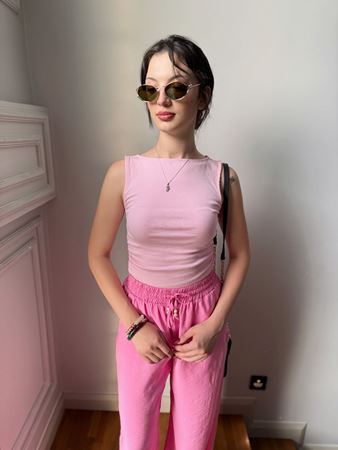 Pembe Yanları Büzgülü Kayık Yaka Bluz