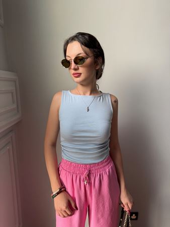 Mavi Yanları Büzgülü Kayık Yaka Bluz