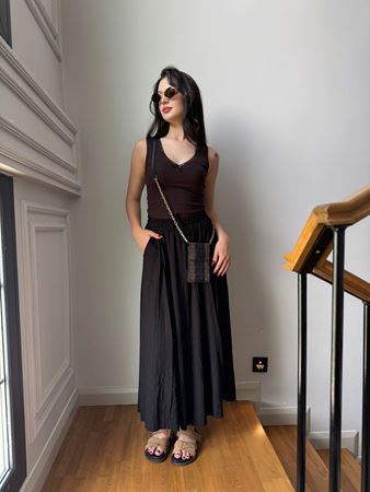 Siyah Pis Dikişli Beli Lastikli Keten Etek