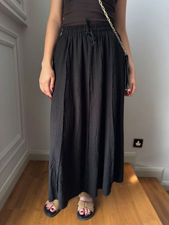 Siyah Pis Dikişli Beli Lastikli Keten Etek