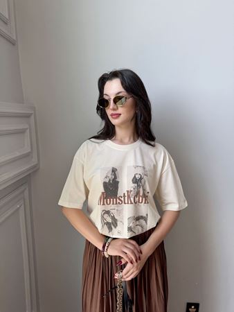 Bej Monstkcbki Baskılı T-Shirt