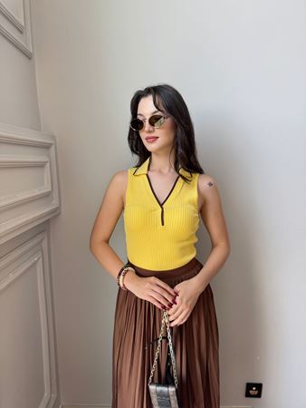 Sarı V Polo Yaka Fitilli Kontrast Triko Bluz