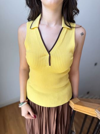 Sarı V Polo Yaka Fitilli Kontrast Triko Bluz