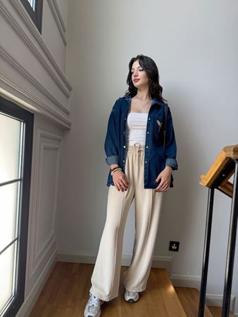 Bej Ön Dikiş Detaylı Modal Pantolon