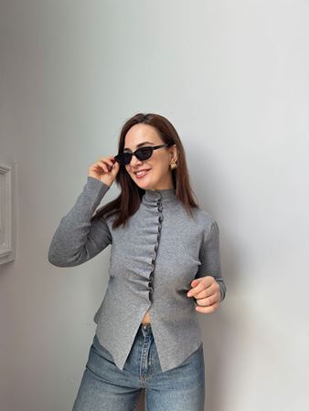 Gri Kendinden Büzgülü Triko Hırka