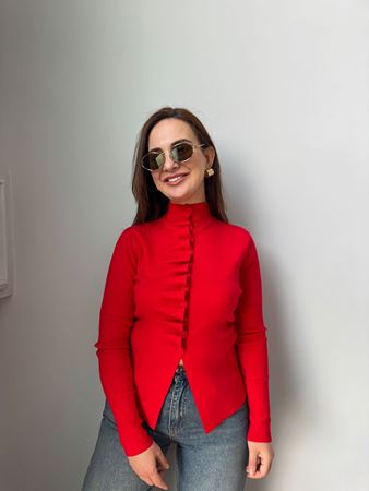 Kırmızı Kendinden Büzgülü Triko Hırka