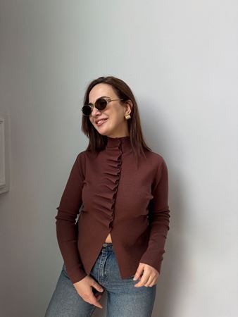 Kahverengi Kendinden Büzgülü Triko Hırka