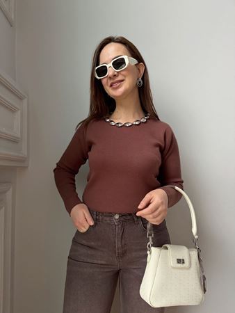 Kahverengi Yakası Aksesuar Detaylı Triko Bluz