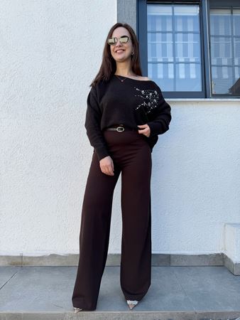 Kahverengi Kendinden Kemerli Rahat Kesim Pantolon