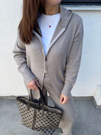 Bej Çift Fermuarlı Kapüşonlu Triko Takım