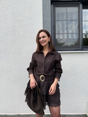 Premium Kahverengi Etek Ucu Ve Kolları Dantelli Denim Elbise