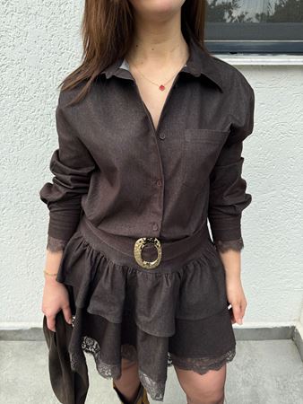 Premium Kahverengi Etek Ucu Ve Kolları Dantelli Denim Elbise