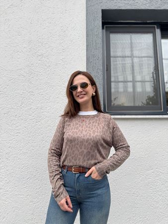 Leopar Baskılı Bisiklet Yaka Bluz